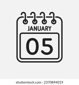 Minimal icon page calendar - 5 January. Vector illustration day of the month. 5th day of month Sunday, Monday, Tuesday, Wednesday, Thursday, Friday, Saturday. Template for anniversary, reminder, plan