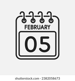 Minimal icon page calendar - 5 February. Vector illustration day of the month. 5th day of month Sunday, Monday, Tuesday, Wednesday, Thursday, Friday, Saturday. Template for anniversary, reminder, plan