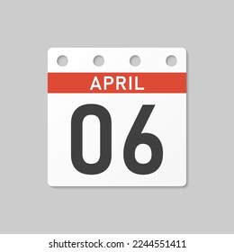 Minimal icon page calendar - 6 April. Vector illustration day of the month. 6th day of month Sunday, Monday, Tuesday, Wednesday, Thursday, Friday, Saturday. Template for anniversary, reminder, plan