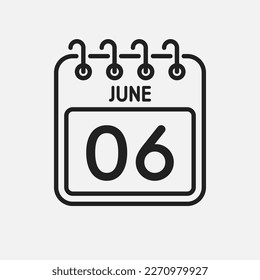 Minimal icon page calendar - 6 June. Vector illustration day of the month. 6th day of month Sunday, Monday, Tuesday, Wednesday, Thursday, Friday, Saturday. Template for anniversary, reminder, plan