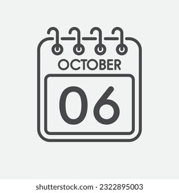 Minimal icon page calendar - 6 October. Vector illustration day of the month. 6th day of month Sunday, Monday, Tuesday, Wednesday, Thursday, Friday, Saturday. Template for anniversary, reminder, plan