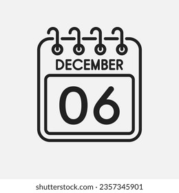 Minimal icon page calendar - 6 December. Vector illustration day of the month. 6th day of month Sunday, Monday, Tuesday, Wednesday, Thursday, Friday, Saturday. Template for anniversary, reminder, plan