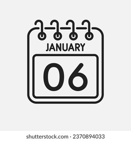 Minimal icon page calendar - 6 January. Vector illustration day of the month. 6th day of month Sunday, Monday, Tuesday, Wednesday, Thursday, Friday, Saturday. Template for anniversary, reminder, plan