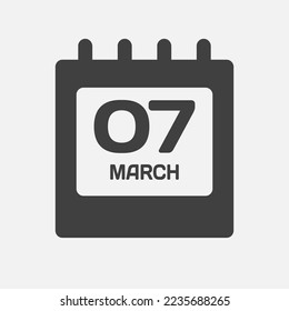 Minimal icon page calendar - 7 March. Vector illustration day of the month. 7th day of month Sunday, Monday, Tuesday, Wednesday, Thursday, Friday, Saturday. Template for anniversary, reminder, plan