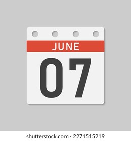 Minimal icon page calendar - 7 June. Vector illustration day of the month. 7th day of month Sunday, Monday, Tuesday, Wednesday, Thursday, Friday, Saturday. Template for anniversary, reminder, plan