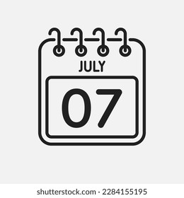 Minimale Icon Seite Kalender - 7 Juli. Vektorgrafik Tag des Monats. 7. Tag des Monats Sonntag, Montag, Dienstag, Mittwoch, Donnerstag, Freitag, Samstag. Vorlage für Jubiläum, Erinnerung, Plan