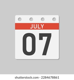 Minimal icon page calendar - 7 July. Vector illustration day of the month. 7th day of month Sunday, Monday, Tuesday, Wednesday, Thursday, Friday, Saturday. Template for anniversary, reminder, plan