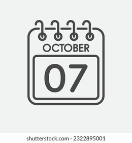 Minimal icon page calendar - 7 October. Vector illustration day of the month. 7th day of month Sunday, Monday, Tuesday, Wednesday, Thursday, Friday, Saturday. Template for anniversary, reminder, plan