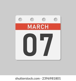 Minimal icon page calendar - 7 March. Vector illustration day of month. 7th day of month Sunday, Monday, Tuesday, Wednesday, Thursday, Friday, Saturday. Template for anniversary, reminder, plan