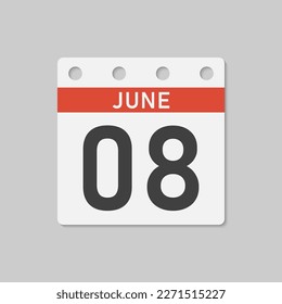 Minimal icon page calendar - 8 June. Vector illustration day of the month. 8th day of month Sunday, Monday, Tuesday, Wednesday, Thursday, Friday, Saturday. Template for anniversary, reminder, plan