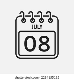 Minimal icon page calendar - 8 July. Vector illustration day of the month. 8th day of month Sunday, Monday, Tuesday, Wednesday, Thursday, Friday, Saturday. Template for anniversary, reminder, plan