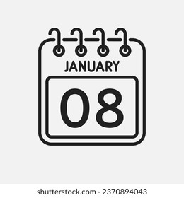 Minimal icon page calendar - 8 January. Vector illustration day of the month. 8th day of month Sunday, Monday, Tuesday, Wednesday, Thursday, Friday, Saturday. Template for anniversary, reminder, plan