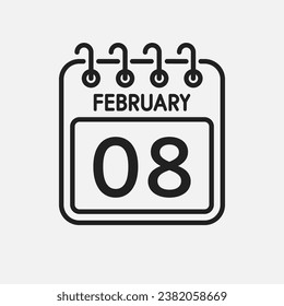 Minimal icon page calendar - 8 February. Vector illustration day of the month. 8th day of month Sunday, Monday, Tuesday, Wednesday, Thursday, Friday, Saturday. Template for anniversary, reminder, plan