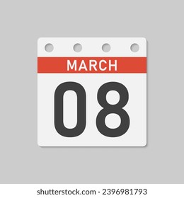 Minimal icon page calendar - 8 March. Vector illustration day of month. 8th day of month Sunday, Monday, Tuesday, Wednesday, Thursday, Friday, Saturday. Template for anniversary, reminder, plan
