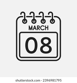 Minimal icon page calendar - 8 March. Vector illustration day of month. 8th day of month Sunday, Monday, Tuesday, Wednesday, Thursday, Friday, Saturday. Template for anniversary, reminder, plan