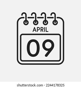 Minimal icon page calendar - 9 April. Vector illustration day of the month. 9th day of month Sunday, Monday, Tuesday, Wednesday, Thursday, Friday, Saturday. Template for anniversary, reminder, plan