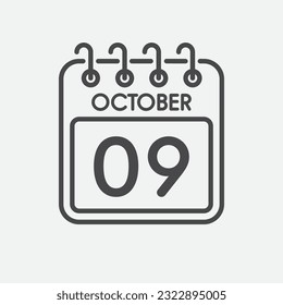Minimal icon page calendar - 9 October. Vector illustration day of the month. 9th day of month Sunday, Monday, Tuesday, Wednesday, Thursday, Friday, Saturday. Template for anniversary, reminder, plan