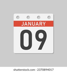 Minimal icon page calendar - 9 January. Vector illustration day of the month. 9th day of month Sunday, Monday, Tuesday, Wednesday, Thursday, Friday, Saturday. Template for anniversary, reminder, plan