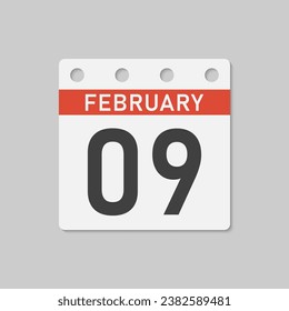 Minimal icon page calendar - 9 February. Vector illustration day of the month. 9th day of month Sunday, Monday, Tuesday, Wednesday, Thursday, Friday, Saturday. Template for anniversary, reminder, plan