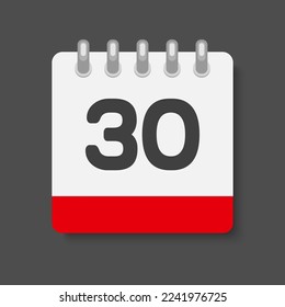 Minimal icon page calendar - number 30. Vector illustration day of the month. 30th day of month Sunday, Monday, Tuesday, Wednesday, Thursday, Friday, Saturday. Template for anniversary, reminder, plan