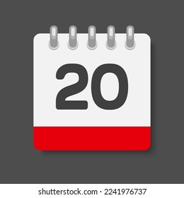 Minimal icon page calendar - number 20. Vector illustration day of the month. 20th day of month Sunday, Monday, Tuesday, Wednesday, Thursday, Friday, Saturday. Template for anniversary, reminder, plan