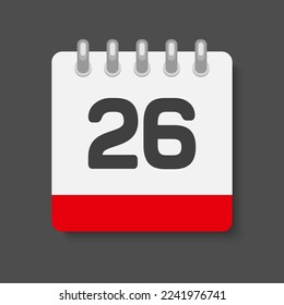 Minimal icon page calendar - number 26. Vector illustration day of the month. 26th day of month Sunday, Monday, Tuesday, Wednesday, Thursday, Friday, Saturday. Template for anniversary, reminder, plan