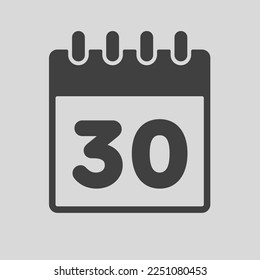 Minimal icon page calendar - number 30. Vector illustration day of the month. 30th day of month Sunday, Monday, Tuesday, Wednesday, Thursday, Friday, Saturday. Template for anniversary, reminder, plan