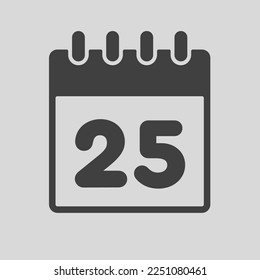 Minimal icon page calendar - number 25. Vector illustration day of the month. 25th day of month Sunday, Monday, Tuesday, Wednesday, Thursday, Friday, Saturday. Template for anniversary, reminder, plan