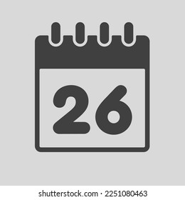 Minimal icon page calendar - number 26. Vector illustration day of the month. 26th day of month Sunday, Monday, Tuesday, Wednesday, Thursday, Friday, Saturday. Template for anniversary, reminder, plan