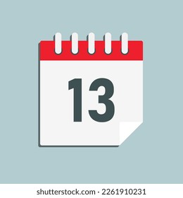 Minimal icon page calendar - number 13. Vector illustration day of the month. 13th day of month Sunday, Monday, Tuesday, Wednesday, Thursday, Friday, Saturday. Template for anniversary, reminder, plan