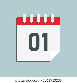 Minimal icon page calendar - number 1. Vector illustration day of the month. 1th day of month Sunday, Monday, Tuesday, Wednesday, Thursday, Friday, Saturday. Template for anniversary, reminder, plan