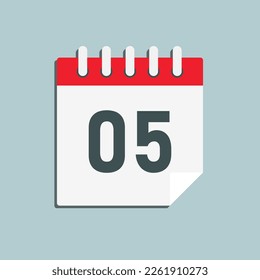 Minimal icon page calendar - number 5. Vector illustration day of the month. 5th day of month Sunday, Monday, Tuesday, Wednesday, Thursday, Friday, Saturday. Template for anniversary, reminder, plan