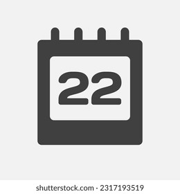 Minimal icon page calendar - number 22. Vector illustration day of the month. 22th day of month Sunday, Monday, Tuesday, Wednesday, Thursday, Friday, Saturday. Template for anniversary, reminder, plan