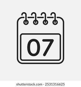 Minimal icon page calendar - number 7. Vector illustration day of the month. 7th day of month Sunday, Monday, Tuesday, Wednesday, Thursday, Friday, Saturday. Template for anniversary, reminder, plan