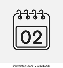 Minimal icon page calendar - number 2. Vector illustration day of the month. 2th day of month Sunday, Monday, Tuesday, Wednesday, Thursday, Friday, Saturday. Template for anniversary, reminder, plan