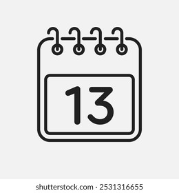 Minimal icon page calendar - number 13. Vector illustration day of the month. 13th day of month Sunday, Monday, Tuesday, Wednesday, Thursday, Friday, Saturday. Template for anniversary, reminder, plan