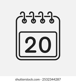 Minimal icon page calendar - number 20. Vector illustration day of the month. 20th day of month Sunday, Monday, Tuesday, Wednesday, Thursday, Friday, Saturday. Template for anniversary, reminder, plan