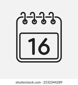 Minimal icon page calendar - number 16. Vector illustration day of the month. 16th day of month Sunday, Monday, Tuesday, Wednesday, Thursday, Friday, Saturday. Template for anniversary, reminder, plan