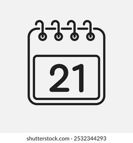 Minimal icon page calendar - number 21. Vector illustration day of the month. 21th day of month Sunday, Monday, Tuesday, Wednesday, Thursday, Friday, Saturday. Template for anniversary, reminder, plan