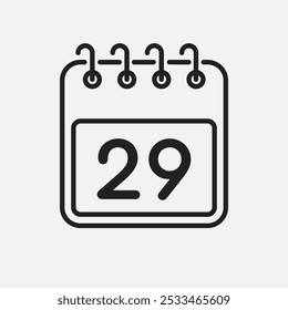 Minimal icon page calendar - number 29. Vector illustration day of the month. 29th day of month Sunday, Monday, Tuesday, Wednesday, Thursday, Friday, Saturday. Template for anniversary, reminder, plan