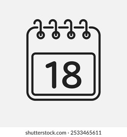 Minimal icon page calendar - number 18. Vector illustration day of the month. 18th day of month Sunday, Monday, Tuesday, Wednesday, Thursday, Friday, Saturday. Template for anniversary, reminder, plan