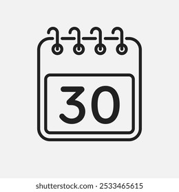 Minimal icon page calendar - number 30. Vector illustration day of the month. 30th day of month Sunday, Monday, Tuesday, Wednesday, Thursday, Friday, Saturday. Template for anniversary, reminder, plan