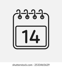 Minimal icon page calendar - number 14. Vector illustration day of the month. 14th day of month Sunday, Monday, Tuesday, Wednesday, Thursday, Friday, Saturday. Template for anniversary, reminder, plan