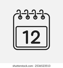 Minimal icon page calendar - number 12. Vector illustration day of the month. 12th day of month Sunday, Monday, Tuesday, Wednesday, Thursday, Friday, Saturday. Template for anniversary, reminder, plan