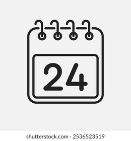 Minimal icon page calendar - number 24. Vector illustration day of the month. 24th day of month Sunday, Monday, Tuesday, Wednesday, Thursday, Friday, Saturday. Template for anniversary, reminder, plan