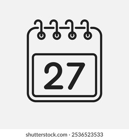 Minimal icon page calendar - number 27. Vector illustration day of the month. 27th day of month Sunday, Monday, Tuesday, Wednesday, Thursday, Friday, Saturday. Template for anniversary, reminder, plan