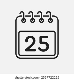 Minimal icon page calendar - number 25. Vector illustration day of the month. 25th day of month Sunday, Monday, Tuesday, Wednesday, Thursday, Friday, Saturday. Template for anniversary, reminder, plan