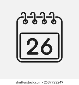 Minimal icon page calendar - number 26. Vector illustration day of the month. 26th day of month Sunday, Monday, Tuesday, Wednesday, Thursday, Friday, Saturday. Template for anniversary, reminder, plan