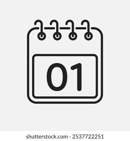 Minimal icon page calendar - number 1. Vector illustration day of the month. 1th day of month Sunday, Monday, Tuesday, Wednesday, Thursday, Friday, Saturday. Template for anniversary, reminder, plan