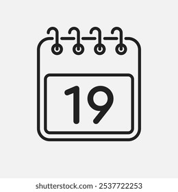 Minimal icon page calendar - number 19. Vector illustration day of the month. 19th day of month Sunday, Monday, Tuesday, Wednesday, Thursday, Friday, Saturday. Template for anniversary, reminder, plan